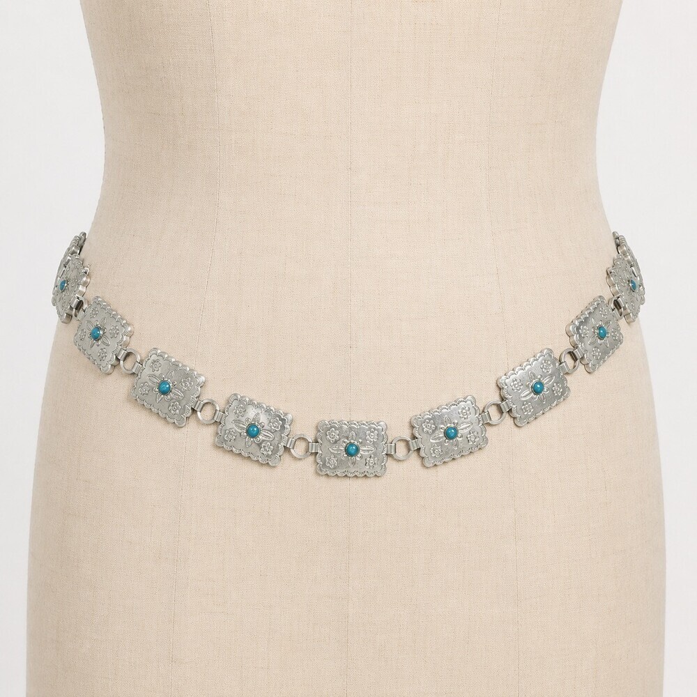 Western Concho Belt Silver Turquoise Leather Tie Boho Cowgirl Stamped Floral